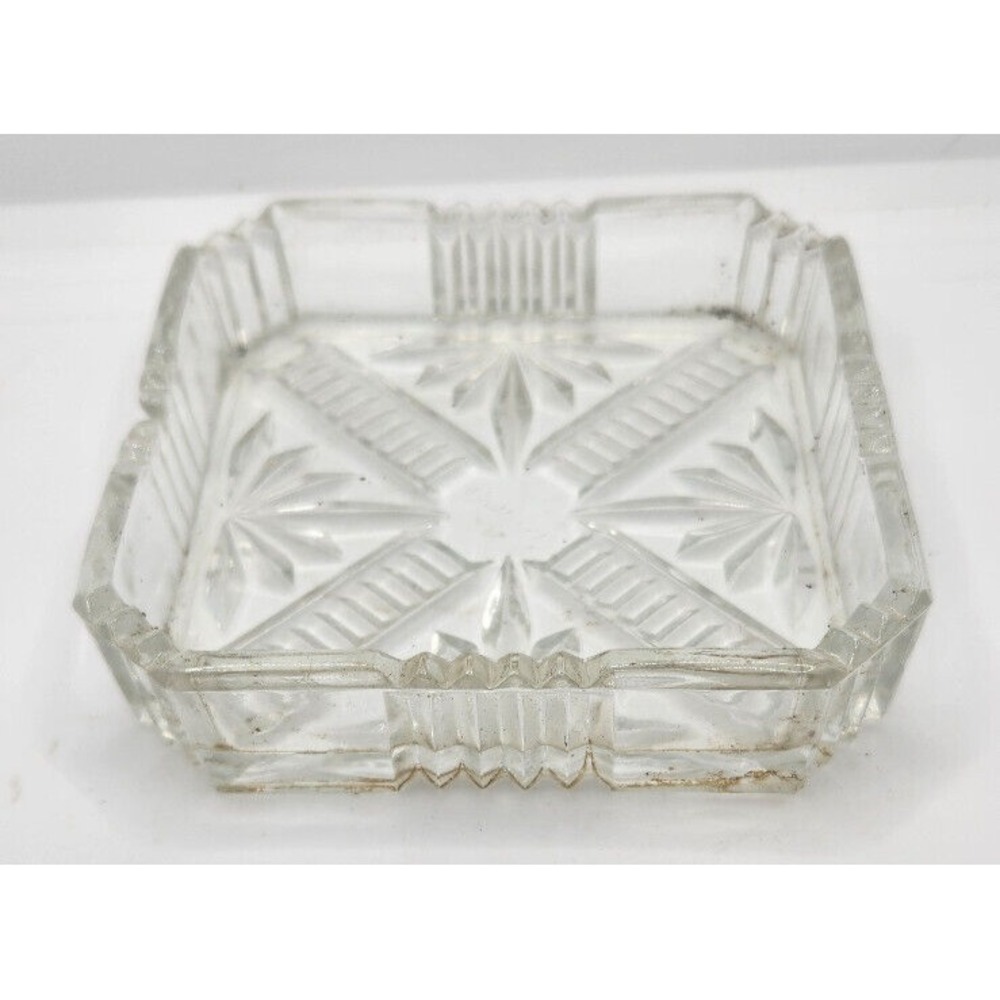 Vintage Square Clear Cut Glass‎ Ashtray